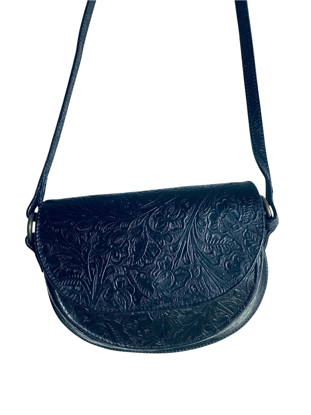 Nancy Bacich Tooled Leather Floral Shoulder Bag Black Brass Artisan Shoulder Bag